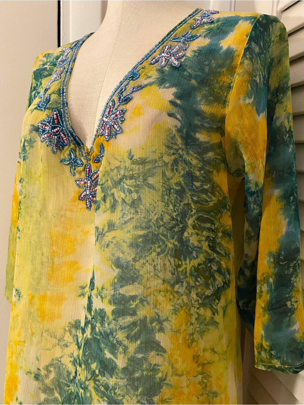 Aqua Blu Yellow & Green Embroidered V-Neck Tunic- Size Medium - Picture 3 of 7